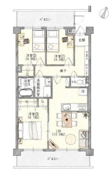 宝赤坪ハイツ4階 間取り図 