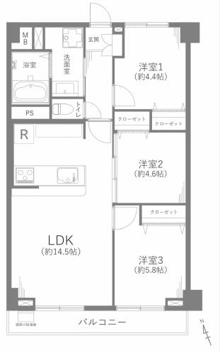 戸部グランドハイツA棟2階 間取り図 