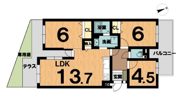 ライオンズマンション菅田　テラス＋専用庭のある１階のお部屋 間取り図 