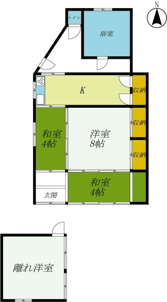 鹿沼市朝日町　平屋3K+離れ 間取り図 